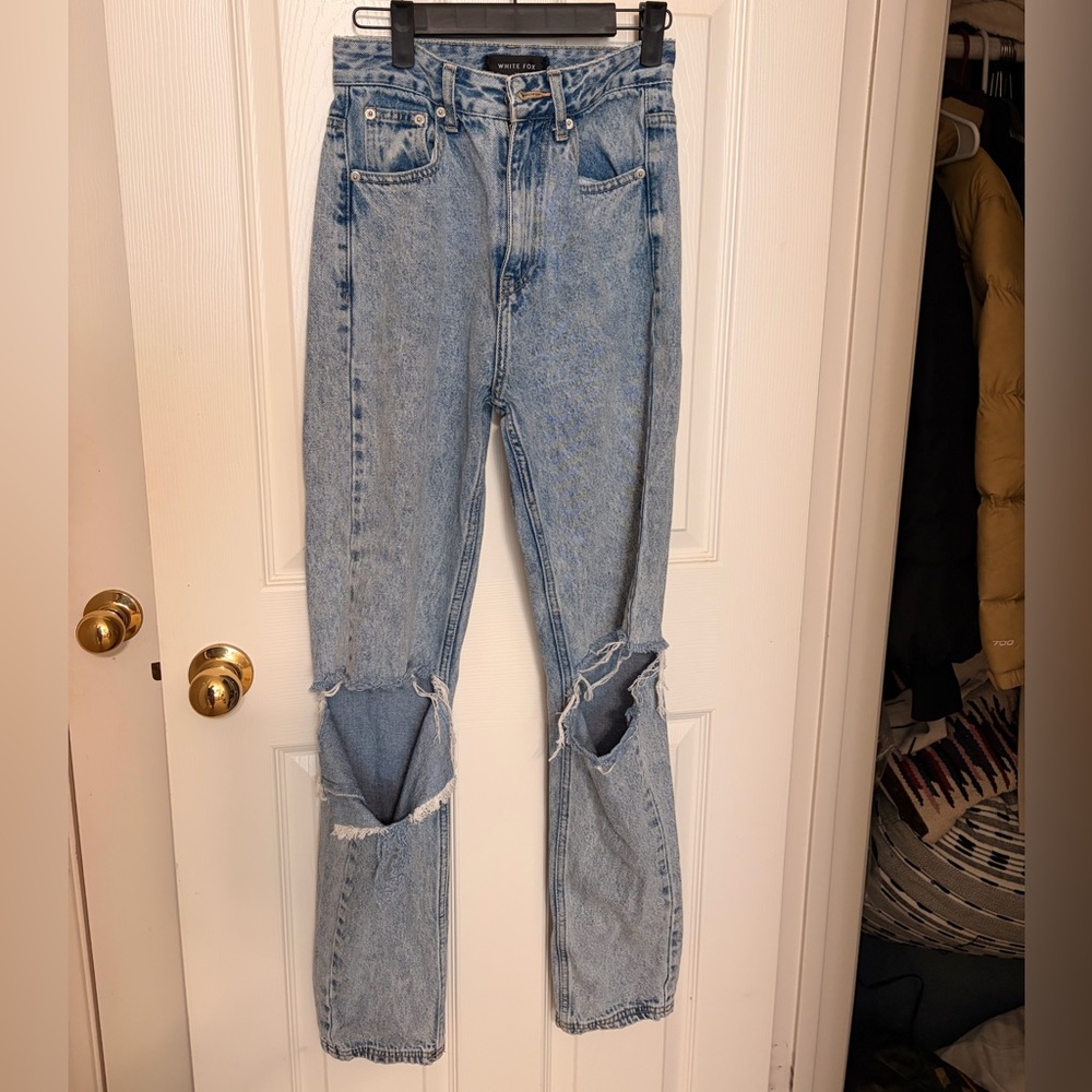 White Fox Boutique Light Blue Ripped Straight Leg Jeans